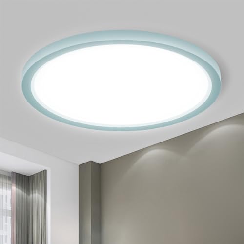 Runde LED-Deckenleuchte, flach, blauer Ring, helles Leuchten