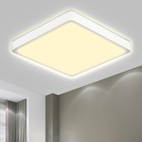 Quadratische LED-Deckenleuchte, flach montiert, weißer Rahmen, gleichmäßiges warmes Licht