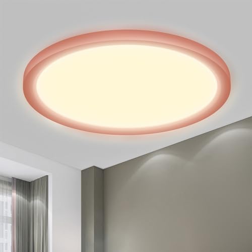 LED-Deckenleuchte mit rundem, flachem Design und rosafarbenem Ring, warmweiß beleuchtet