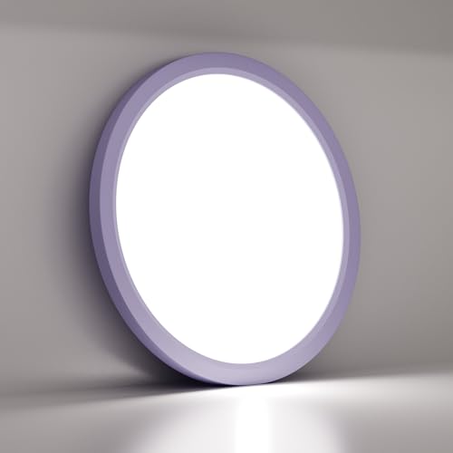 Runde LED-Deckenleuchte im Nahblick mit lila Außenring und weißer Leuchtfläche