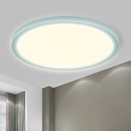 Runde LED-Deckenleuchte mit blauem Rahmen und flachem Lichtkranz