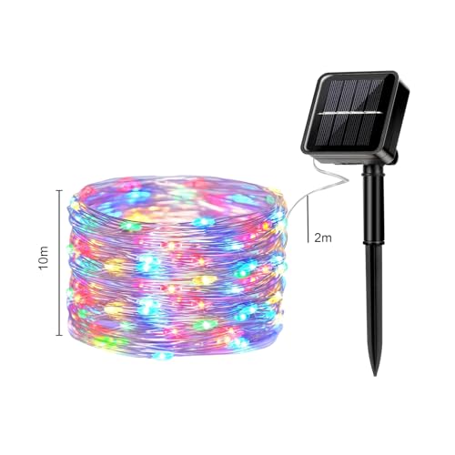 Solar-Lichterkette mit bunten LEDs, Kupferdraht und Solarpanel, mit Erdspieß