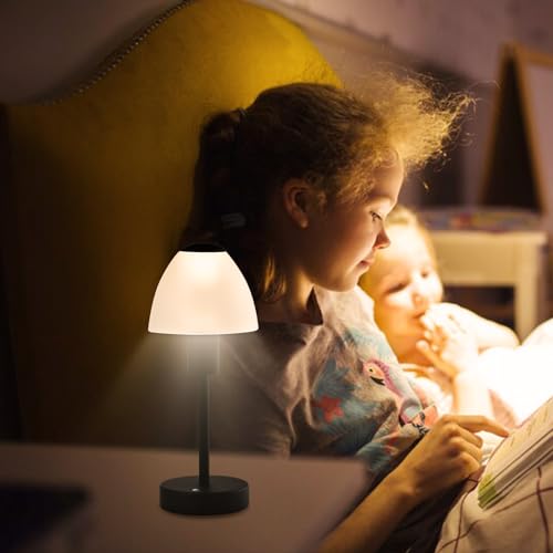 LED-Tischlampe mit Touch, warm leuchtender weißer Schirm, schwarzes Stativ auf Nachttisch