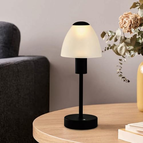 LED-Tischlampe mit Touch: weißer Schirm, schwarzer Sockel, akkubetrieben