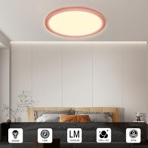 Runde LED-Deckenleuchte mit rosafarbenem Ring, warmweiß leuchtende Lichtfläche