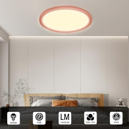 Runde LED-Deckenleuchte mit rosafarbenem Ring, warmweiß leuchtende Lichtfläche