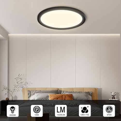 Runde flache LED-Deckenleuchte mit schwarzem Rand, leuchtet, für Deckenmontage