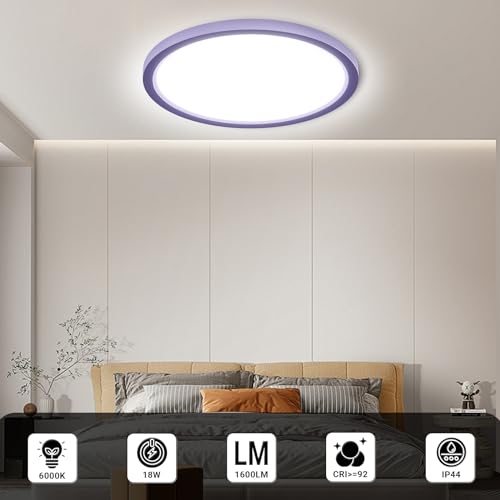 Runde LED-Deckenleuchte mit lila Einfassung, flache Deckenmontage