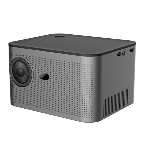 Grau-schwarzer Mini-Beamer mit Frontlinse und Lüftungsgittern, kompakte Bauform