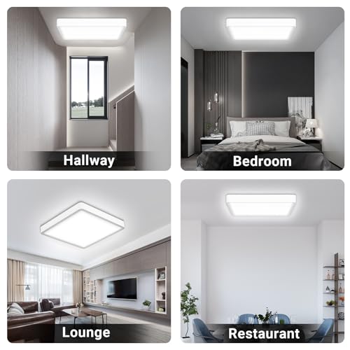 Quadratische flache LED-Deckenleuchte mit weißem Rahmen, Deckenmontage.
