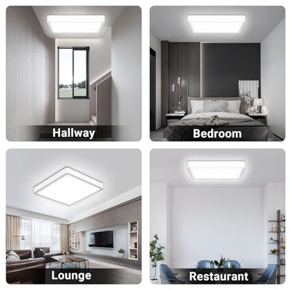 Quadratische flache LED-Deckenleuchte mit weißem Rahmen, Deckenmontage.