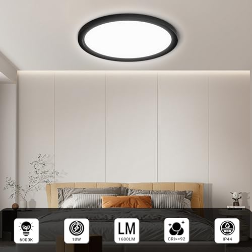 Runde LED-Deckenleuchte mit schwarzem Rahmen und großem weißem Lichtaustritt