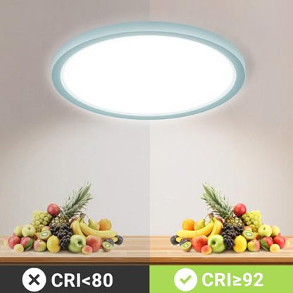 Runde flache LED-Deckenleuchte, blauer Rand, helles Licht