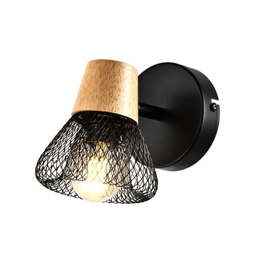 Retro-Wandleuchte: runde schwarze Metallhalterung, schwarzer Drahtschirm und Holzaufsatz