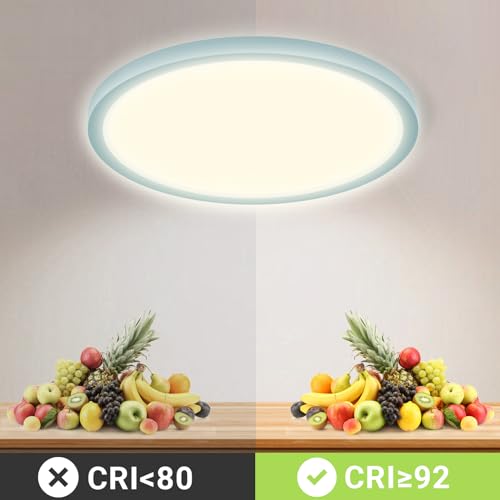 Runde LED-Deckenleuchte mit blauem Außenring und gleichmäßigem Lichtkreis