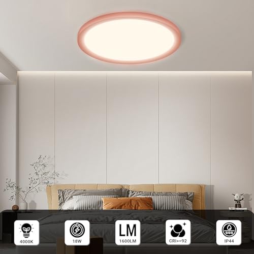 Flache LED-Deckenleuchte mit rosa Rahmen, an der Decke montiert