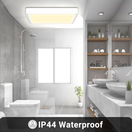 Quadratische LED-Deckenleuchte mit weißem Rahmen, flach, IP44, warmweißes Licht