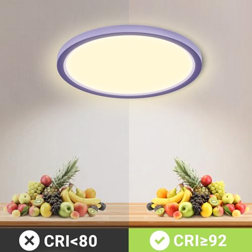 Runde LED-Deckenleuchte mit lila Rahmen und warmweiß gleichmäßigem Licht