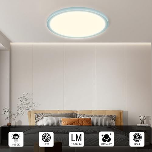 Runde LED-Deckenleuchte mit blauem Rand, flaches Design und großes Lichtfeld