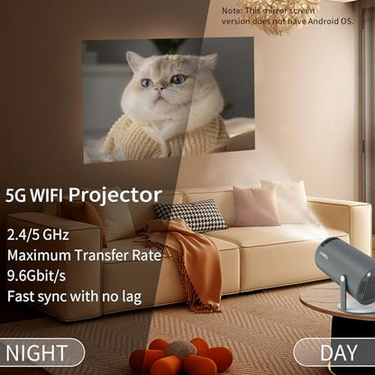 Grauer Mini-Projektor auf Standfuß mit projiziertem Katzenbild