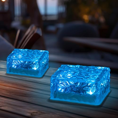 Solar-Glas-Würfelleuchte (Eisstein), blau, mit Licht, 2 Stück