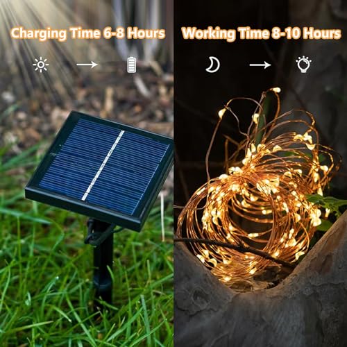 Solar-Lichterkette mit Solarpanel und warmen LED-Lichtpunkten im Draht