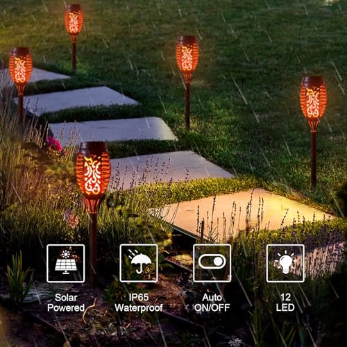 Solar-Fackelleuchten im Gartenbeet, orange Flamme auf Stab, mit Bedien-Icons und 12 LED