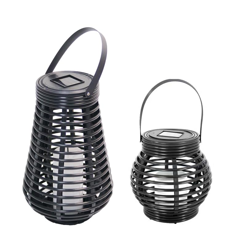 Solarlaternen-Set mit Tragebügeln, schwarzes Rattan-Look-Gehäuse, warmweißes Licht