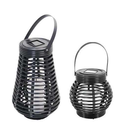 Solarlaternen-Set mit Tragebügeln, schwarzes Rattan-Look-Gehäuse, warmweißes Licht