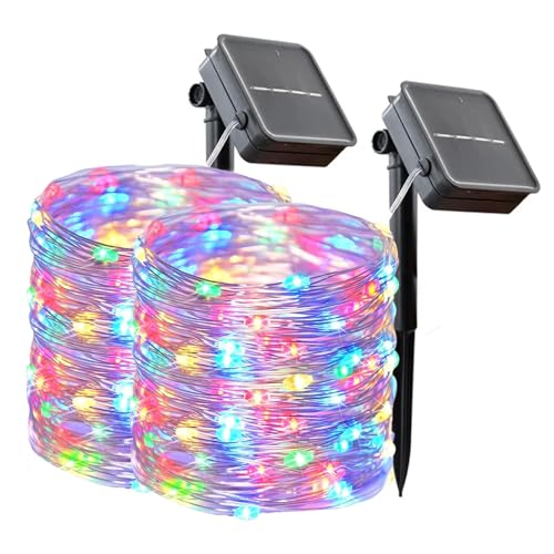 Solar-Lichterkette im 2er-Set mit bunten LED-Lichtern und Kupferdraht, mit Solarpanel