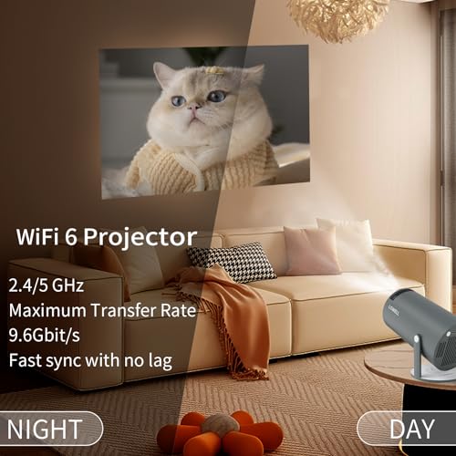 LQWELL® Mini-Projektor auf Ständer im Wohnzimmer, vor dem Sofa platziert