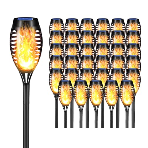 Solar-Fackelleuchte mit Flammeneffekt, orange LED-Flamme im Glas, 12er-Set auf Stab