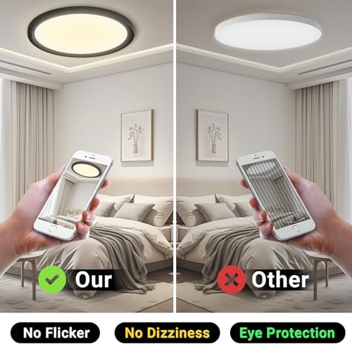 Runde LED-Deckenleuchte in Schwarz, mit Symbolen zu flimmerfreiem Licht