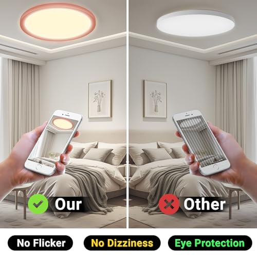 Runde LED-Deckenleuchte mit rosafarbenem Ring, warmweiß, flackerarmes Licht