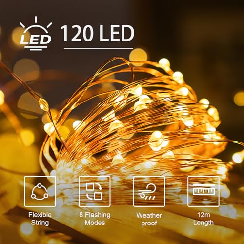 Solar-Lichterkette mit 120 LEDs: flexibler Kupferdraht mit warmweißen Lichtpunkten