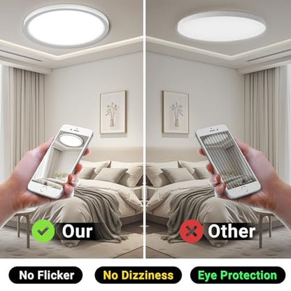 Zwei runde flache LED-Deckenleuchten mit weißem Rahmen, gleichmäßiges Licht