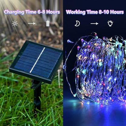 Solar-Lichterkette mit Solarpanel und bunten LEDs am Kupferdraht