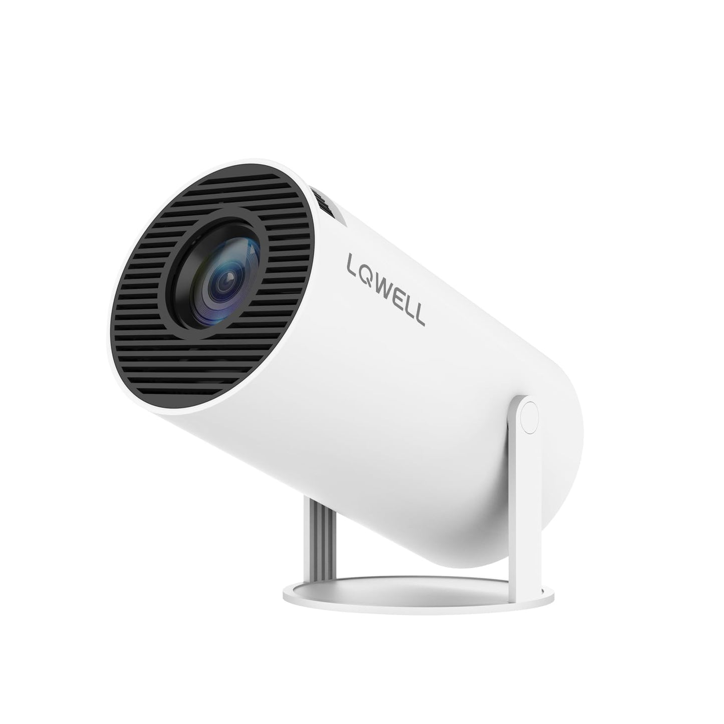 LQWELL Mini-Projektor in Weiß mit schwarz-gemustertem Objektiv und Standfuß