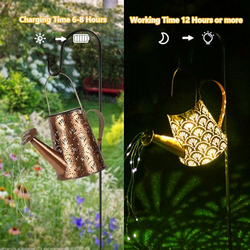 Solar-Gießkanne mit Wasserfall-Lichterkette, goldmusternde Schale und LED-Schnur