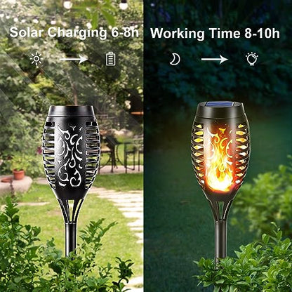 LQWELL® Solar-Fackel mit LED-Flammeneffekt, Detailansicht am Lampenkopf im Garten