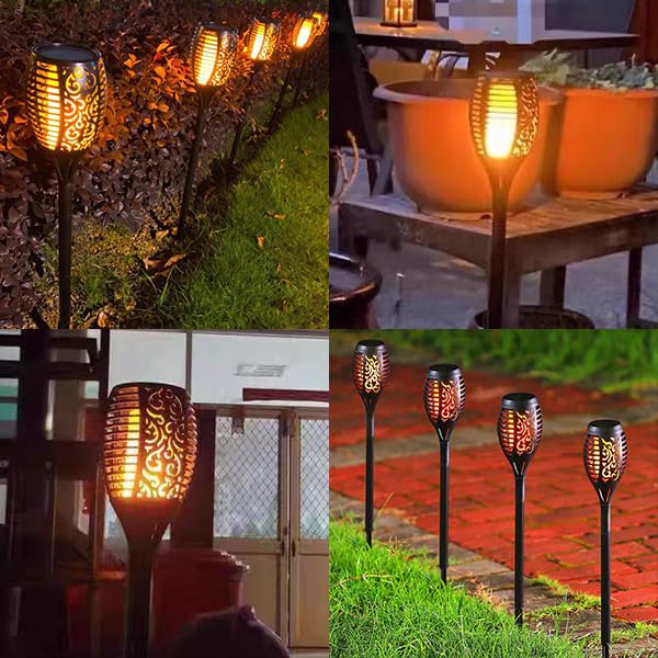 LQWELL® Solar-Fackeln mit LED-Flammeneffekt, mehrere Leuchten im Gartenbeet, leuchtend