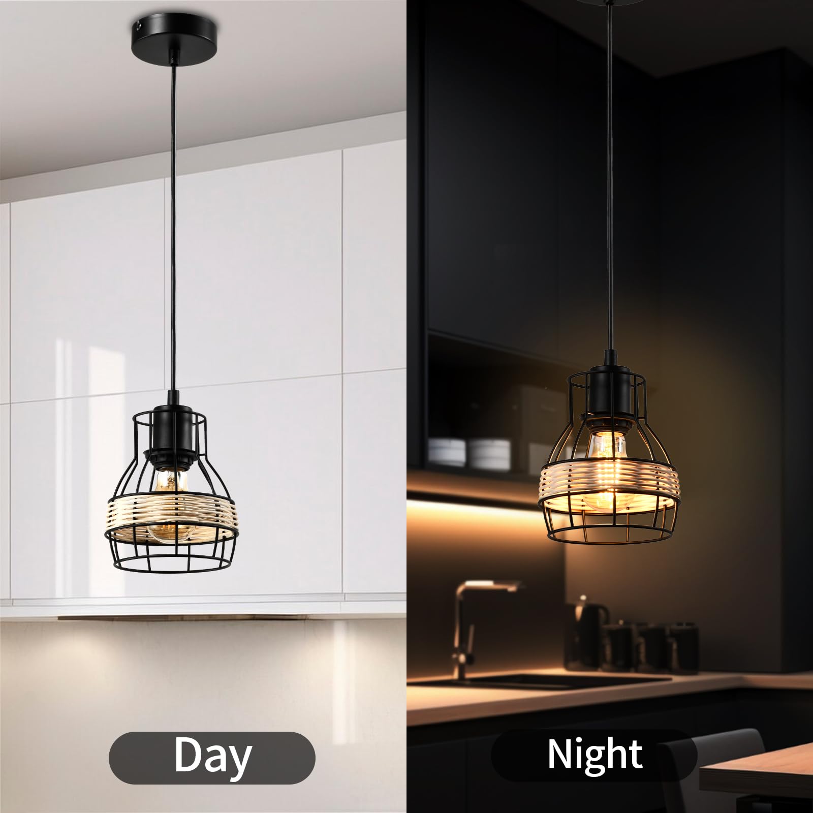 Schwarze Retro-Pendellampe mit Rattan-Lampenschirm und Metallkäfig, paarweise