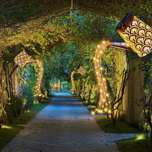 Solar-Lichterkette mit Gießkanne, goldmusternde Schale mit warmweißen LED-Lichtern