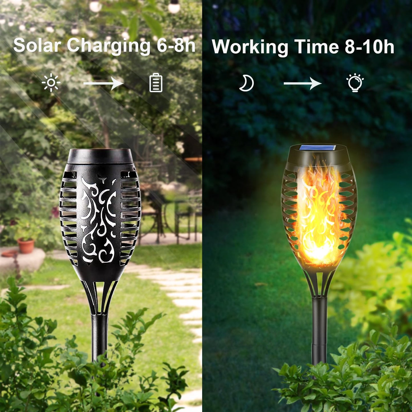 Solarleuchte-Fackel mit Flammen-LED und Solarpanel, schwarze Laterne mit Muster