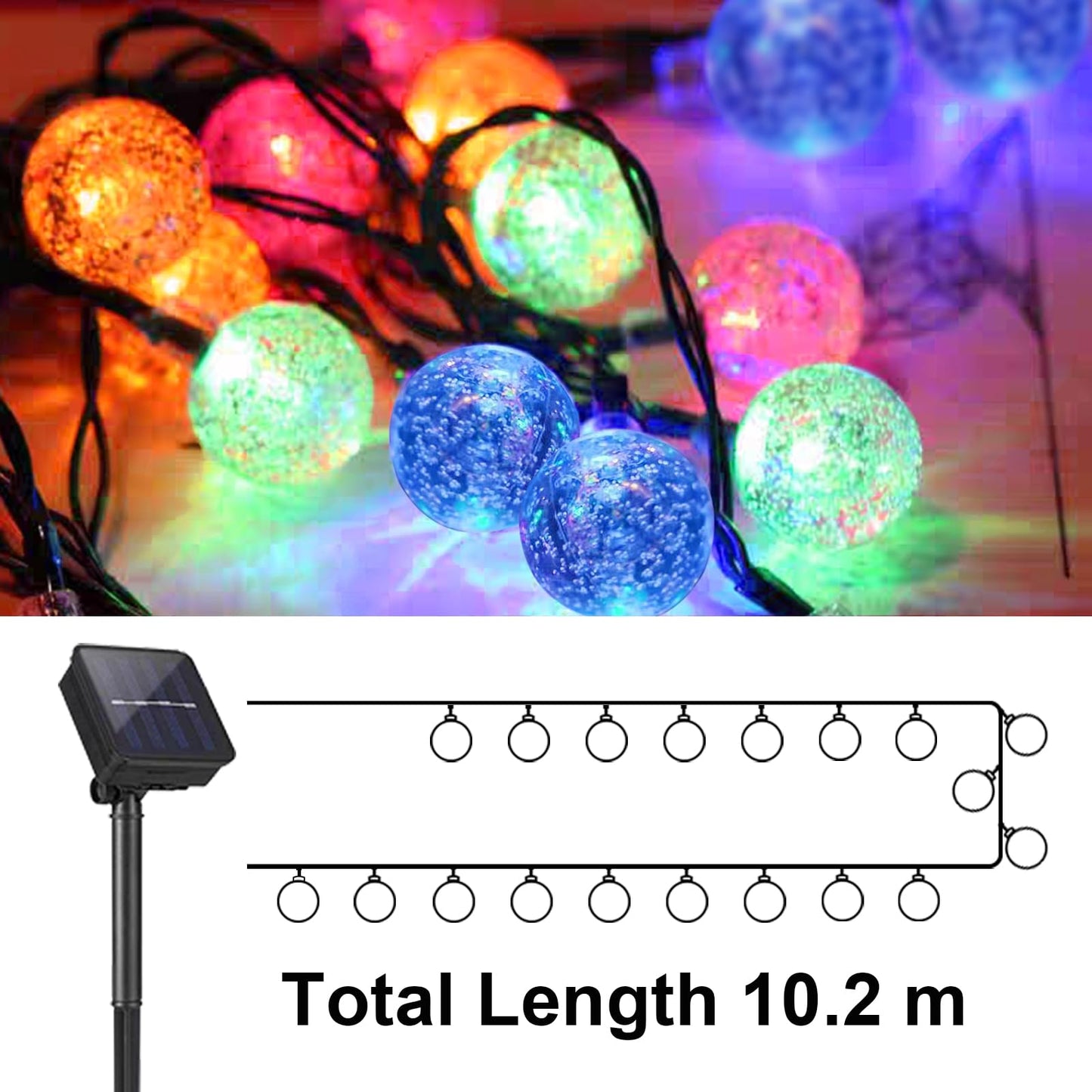Solar-Lichterkette mit Kristallkugeln, Solarpanel und Kugelleuchten am Kabel