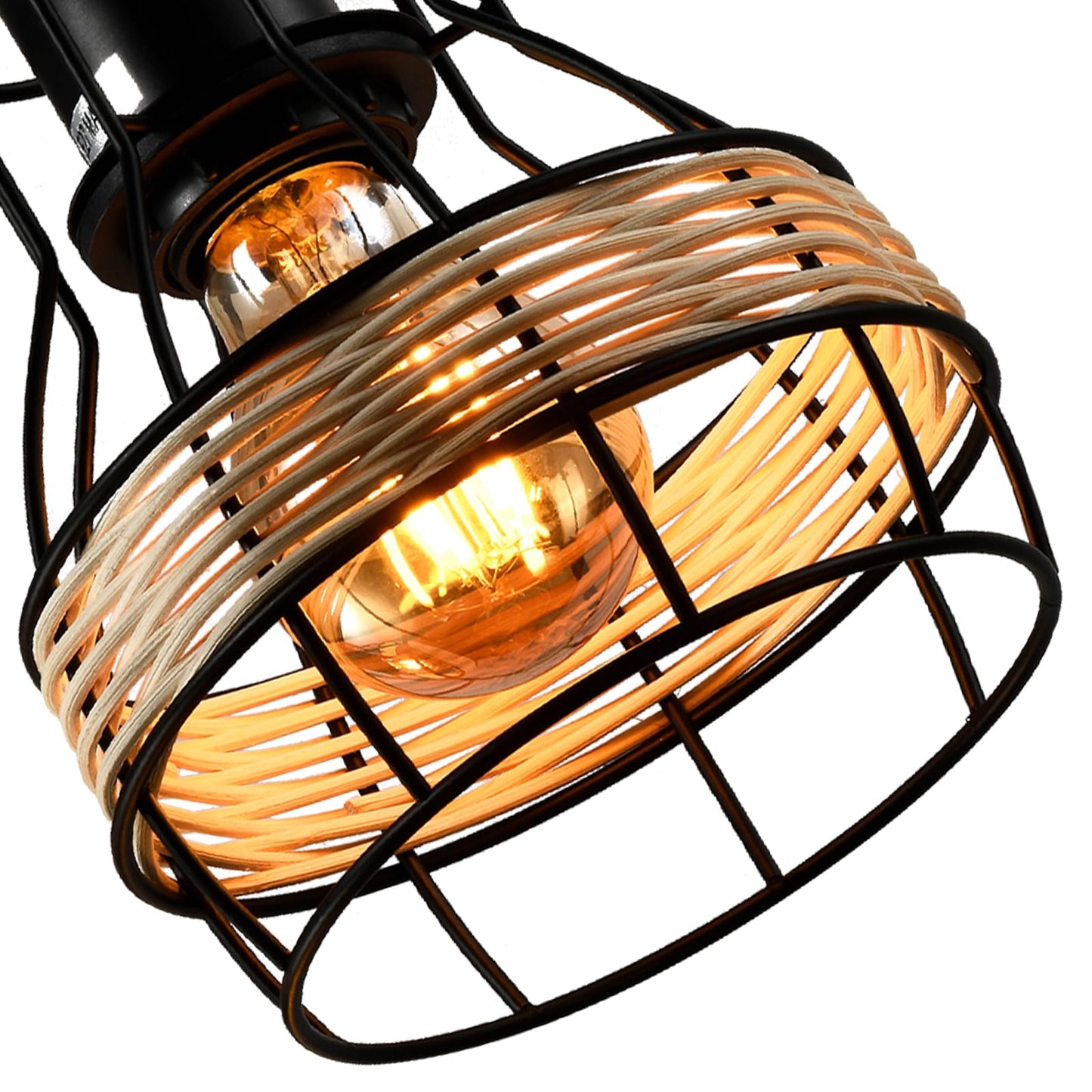 Schwarze Retro-Pendelleuchte mit Rattan-Lampenschirm und glühenden Glasfassungen im Detail