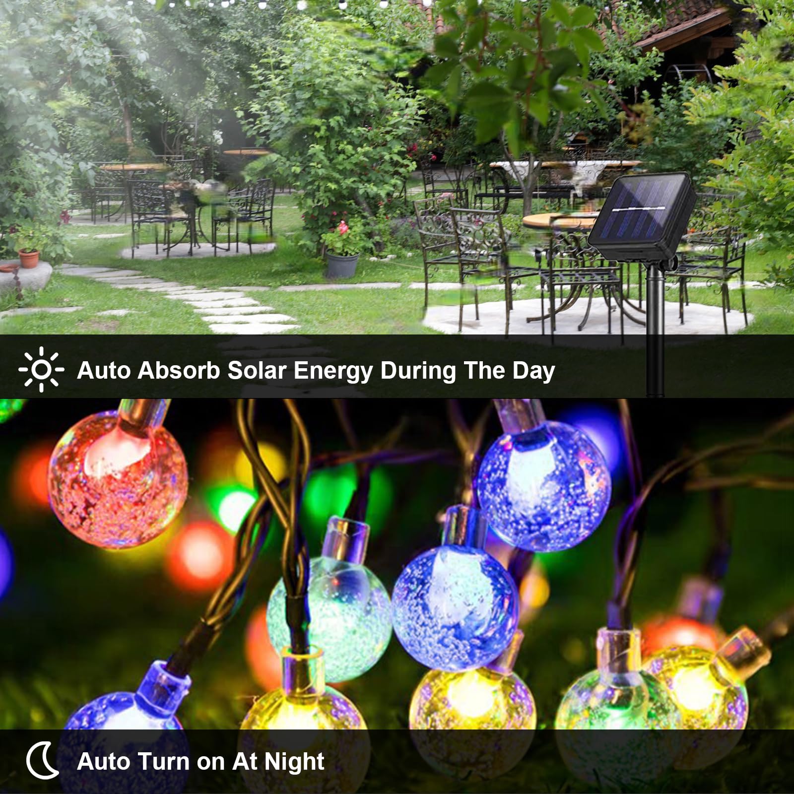 Solar-Lichterkette mit Kristallkugeln, Solarpanel und mehrfarbig leuchtende Kugeln