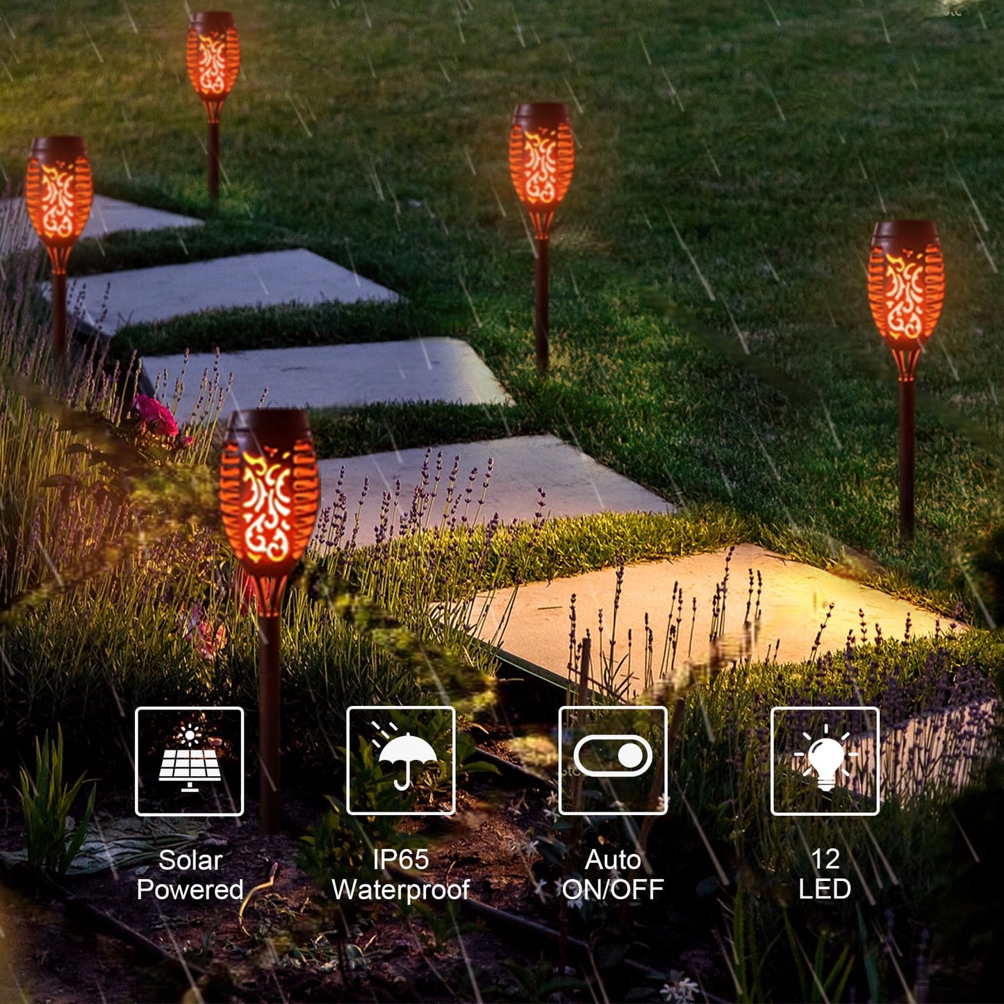 Solar-Fackelleuchten für den Garten, schwarze Laternen mit orangefarbenem Flammenlicht, 6 Stück