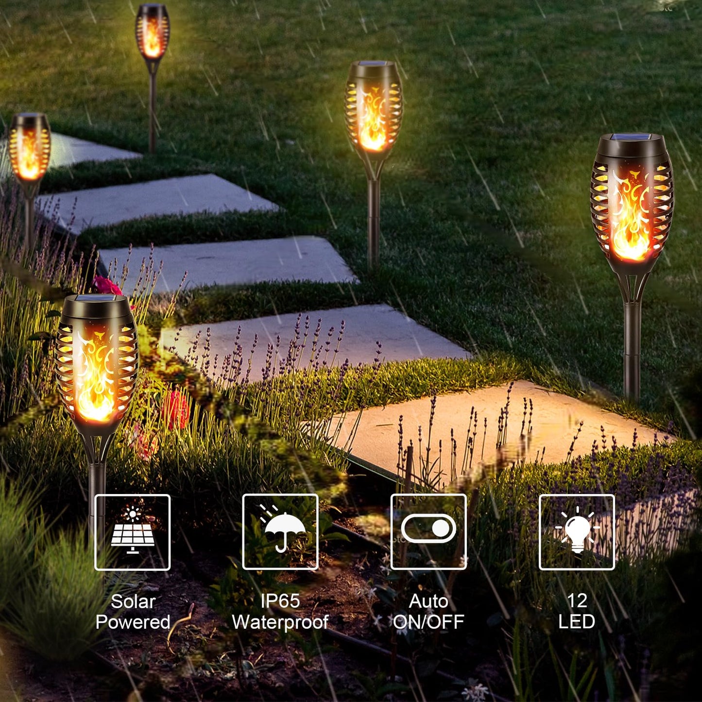 Solar-Fackelleuchten mit Flammeneffekt auf Gartenweg, schwarze Leuchten