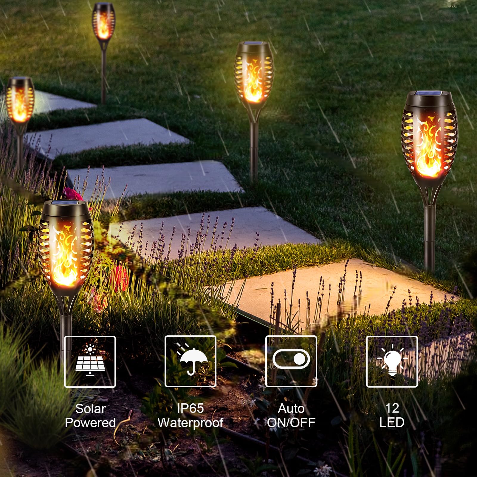 Solar-Fackelleuchten mit Flammeneffekt auf Gartenweg, schwarze Leuchten